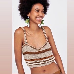 Zara Knit Crochet Crop Top Brown Tan Size S